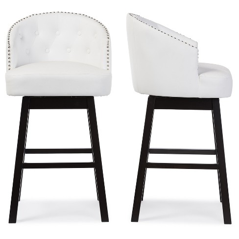 Set of 2 Avril Modern and Contemporary Faux Leather Tufted Swivel Barstool with Nail Heads Trim White Baxton Studio