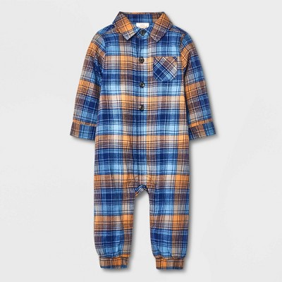 Image of Baby Boys' Flannel Plaid Romper - Cat & Jack™ Dark Blue 0-3M
