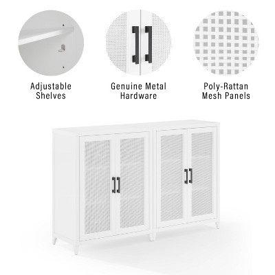 White Freestanding Media Storage Cabinet Set with Poly Rattan Mesh Doors