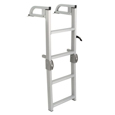 RecPro Compact Quick Release Modern Space Saving Durable Folding 300 Pound Capacity Aluminum 4-Step Pontoon Boat Ladder, Silver