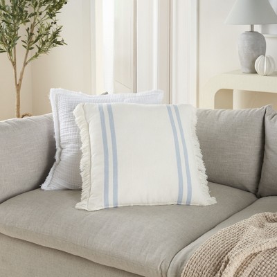 Ocean Blue Cotton Linen Striped 20" Square Throw Pillow