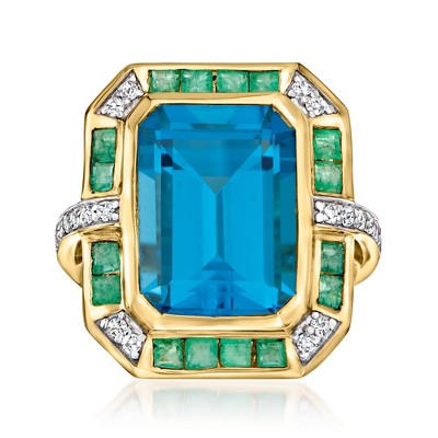 Ross-Simons 9.25 Carat Swiss Blue Topaz, .70 ct. t.w. Emerald and .20 ct. t.w. Diamond Ring in 14kt Yellow Gold