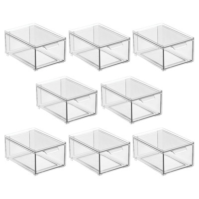 mDesign Plastic Stackable Bathroom Storage Organizer with Drawer, 8 Pack, Clear