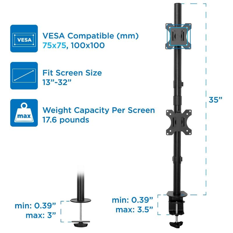 Mount-It! Vertical Dual Monitor Mount | Stacked Monitor Desk Stand | Fits 2 Computer Screens 19 - 32 Inches | C-Clamp and Grommet Bases, 4 of 11