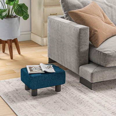 Dark Blue Linen Fabric Pouf Footrest Ottoman with Wooden Legs