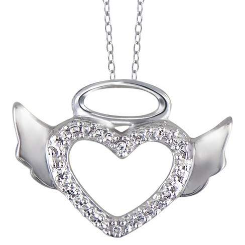 Women's Sterling Silver Round-cut White Diamond Pave Set Angel Halo Wing  Heart Pendant (18) : Target