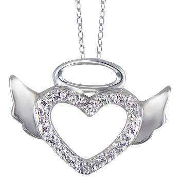 Women's Sterling Silver Round-Cut White Diamond Pave Set Angel Halo Wing Heart Pendant (18")