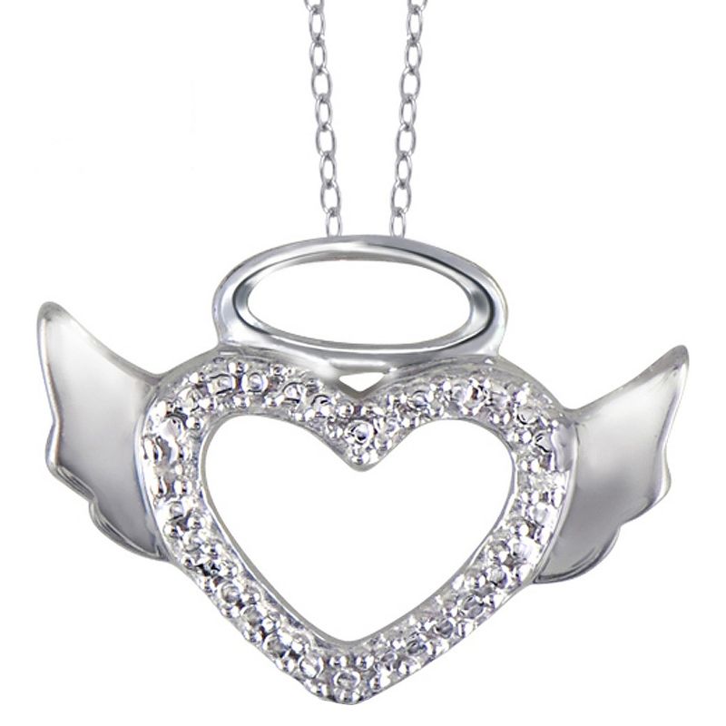 Women's Sterling Silver Round-Cut White Diamond Pave Set Angel Halo Wing Heart Pendant (18"), 1 of 3