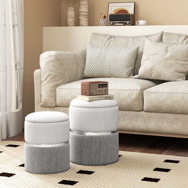 Costway Linen Fabric Storage Ottoman Set of 2 Modern Round Ottoman with Storage for Bedroom, 2 of 9