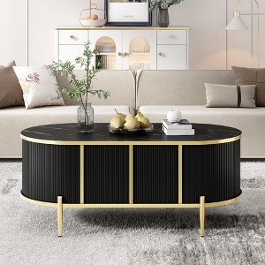 47"W Oval Coffee Table Cocktail Table Center Table with Marble-Patterned Top, Cabinet, Metal Legs and Handles, White/Black-ModernLuxe - 1 of 4