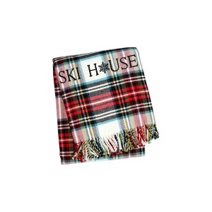HomeRoots 55" X 70" Black Red And White Plaid Cotton Blend Ski House Embroidered Throw Blanket with Fringe - 1 of 4