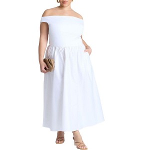 ELOQUII Women's Plus Size Boat Neck Mixed Fabric Dress - 1 of 4