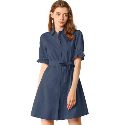 Allegra K Women's Summer Ruffled Short Sleeve Belted Button Down Shirt Dress