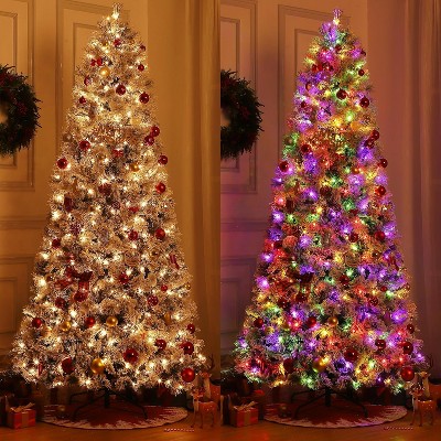 Slim Christmas Tree Pre-lit 7.5 Ft, Skinny Christmas Tree with 300 Multicolor LED Lights, Berries Clusters, Pine Cones, Foldable Metal Base
