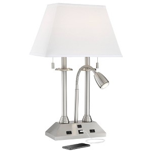 Possini Euro Design Dexter Modern Table Lamp 26" High Brushed Nickel with USB and AC Power Outlet in Base LED Reading Light White Shade for Home Desk - 1 of 4