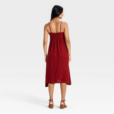 Женские платья Universal Thread Women's Linen Embroidered Midi High Low Dress - Universal Thread™ Red XS — фото 2