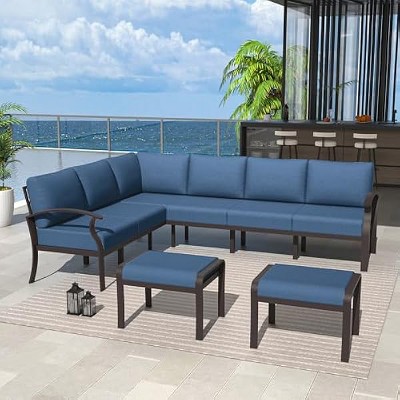 ALAULM Aluminum Patio Furniture Set Modern Metal Outdoor Conversation Sets w/45in Propane Fire Pit Table, Patio Sectional Sofa w/5.1 Inch Cushion