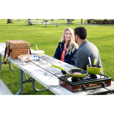 Maroon Portable 2-Burner Outdoor Gas Stove with Porcelain Top