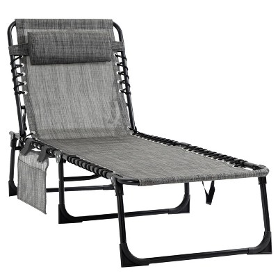 72.72'' Portable Sun Lounger, Folding Camping Cot, with Adjustable Backrest and Removable Pillow, Grey