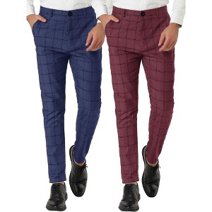 Lars Amadeus Men's Plaid Printed Tapered Leg Flat Front Business Dress Pants 2 Packs - 1 of 4