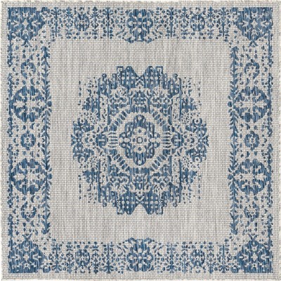 Modern Matrix 5' Square Outdoor Rug in Blue with Easy Care Synthetic Weave