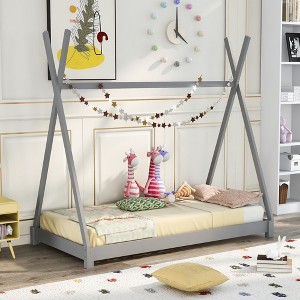 CAVINAS Twin Size Floor Bed Modern Tent-Shaped Pine Bed Frame with Slats and Triangle Structure for Bedroom - 1 of 4