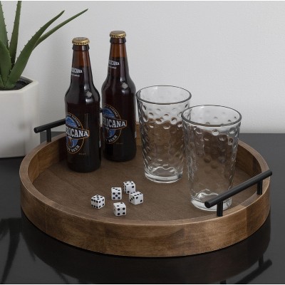Rustic Brown Round Wood Tray with Black Metal Handles, 15.5" Diameter