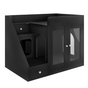 Whisen Multifunctional Cat Litter Box & Cat Bed House & Side Table with 3 Side Stairs, 2 Storage Drawers - 1 of 4