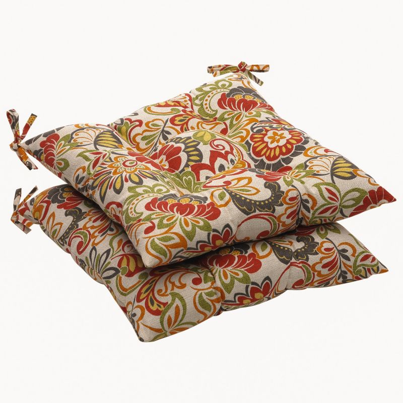 Outdoor 2-Piece Tufted Chair Cushion Set - Green/Off-White/Red Floral - Pillow Perfect, 1 of 5