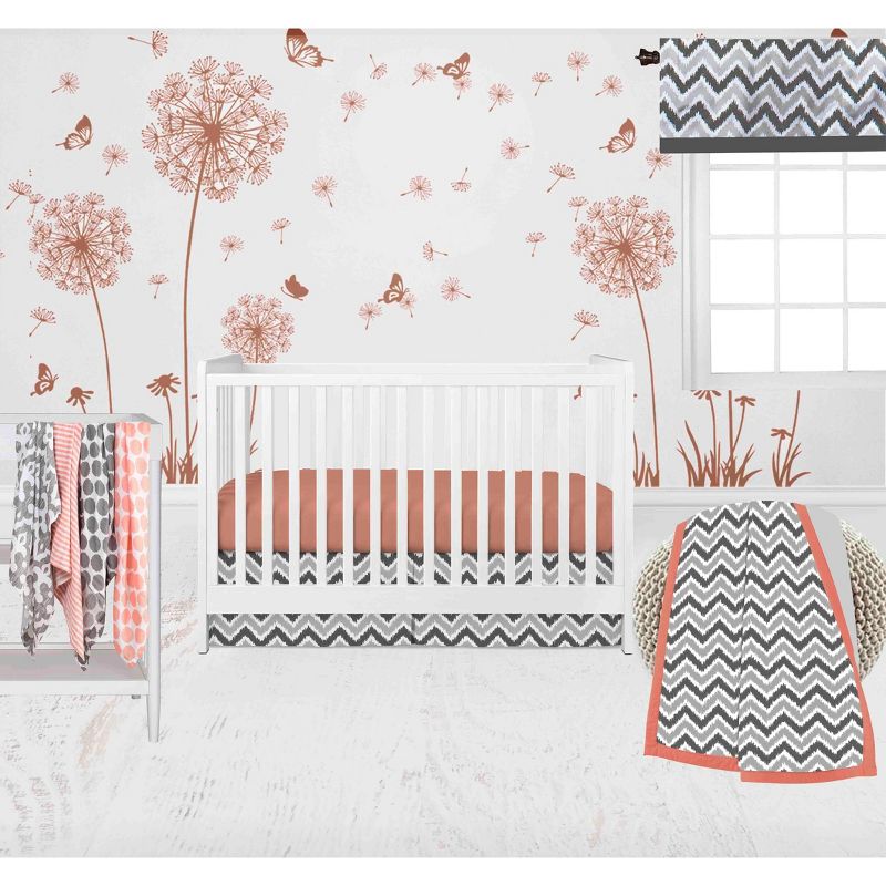 Bacati - Ikat Dots Stripes Coral Grey Girls 10 pc Crib Set with 2 Crib Fitted Sheets 4 Muslin Swaddling Blankets, 1 of 10