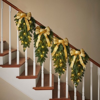 BrylaneHome Pre-Lit Swags With Plaid Bows, Set Of 4