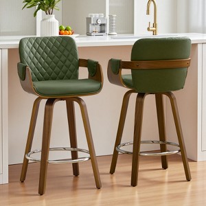 Bekrvio 26" Swivel Counter Stools with Back & Arms, Faux Leather Mid-Century Bar Stools for Kitchen Island, Walnut Frame, Set of 1/2/3/4 - 1 of 4