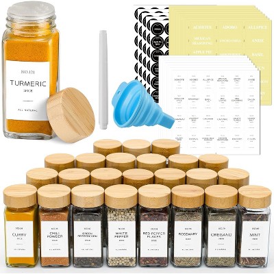 24 Pcs Glass Spice Jars with Lids, 4 oz, with Minimalist Farmhouse Spice Labels Stickers, Funnel, Seasoning Storage Bottles for Spice Rack, Cabinet