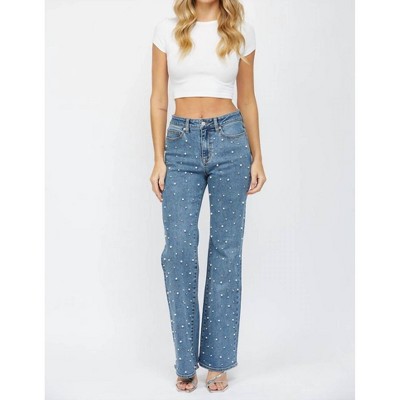 Women's High Rise Wide Leg Jeans With Pearl Embellisht - mica denim