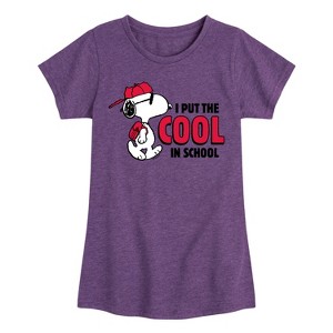 Girls' - Peanuts - Snoopy I Put the Cool in School Fitted Short Sleeve Graphic T-Shirt - 1 of 4