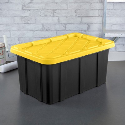 Sterilite 17 Gallon Black and Yellow Stackable Plastic Storage Totes, 6 Pack