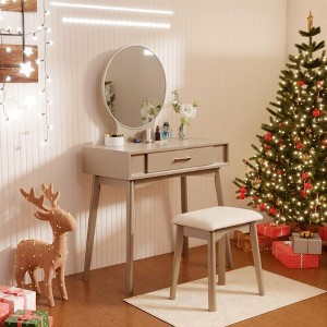 Maly Contemporary Wood Vanity and Stool Set, Gold - 1 of 4