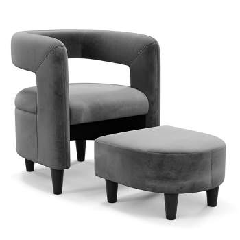 Costway Comfy Accent Armchair with Footrest Upholstered Velvet Barrel Chair & Ottoman Set Dark Grey/Beige
