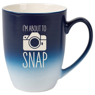 100 North Fun Camera Design 10 Ounce Navy Blue and White Two Toned Ombre, Comfortably Fits Your Hands, Ceramic Tea Coffee Cup Mug, I'M About To Snap
