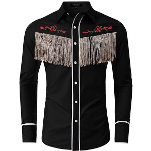 Men's Western Cowboy Fringe Shirt Long Sleeve Rose Embroidered Slim Fit Button Down Shirt - 1 of 4
