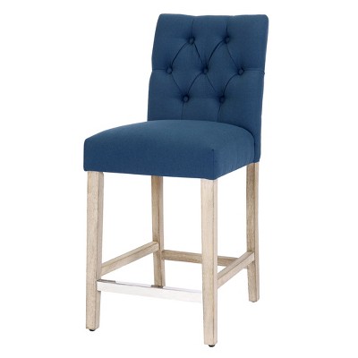Blue Linen Tufted Bar Stool with Wood Legs, Set of 2