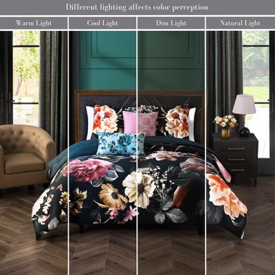 King Black Cotton Reversible Comforter Set with Floral Design