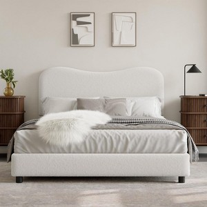 Boucle Upholstered Bed Frame with Soft Headboard, Low Profile Platform Bed with Rounded Corners & Wooden Slats - 1 of 4