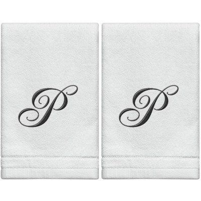 Creative Scents Set of 2 White Fingertip Monogrammed Towels, Black Embroidered