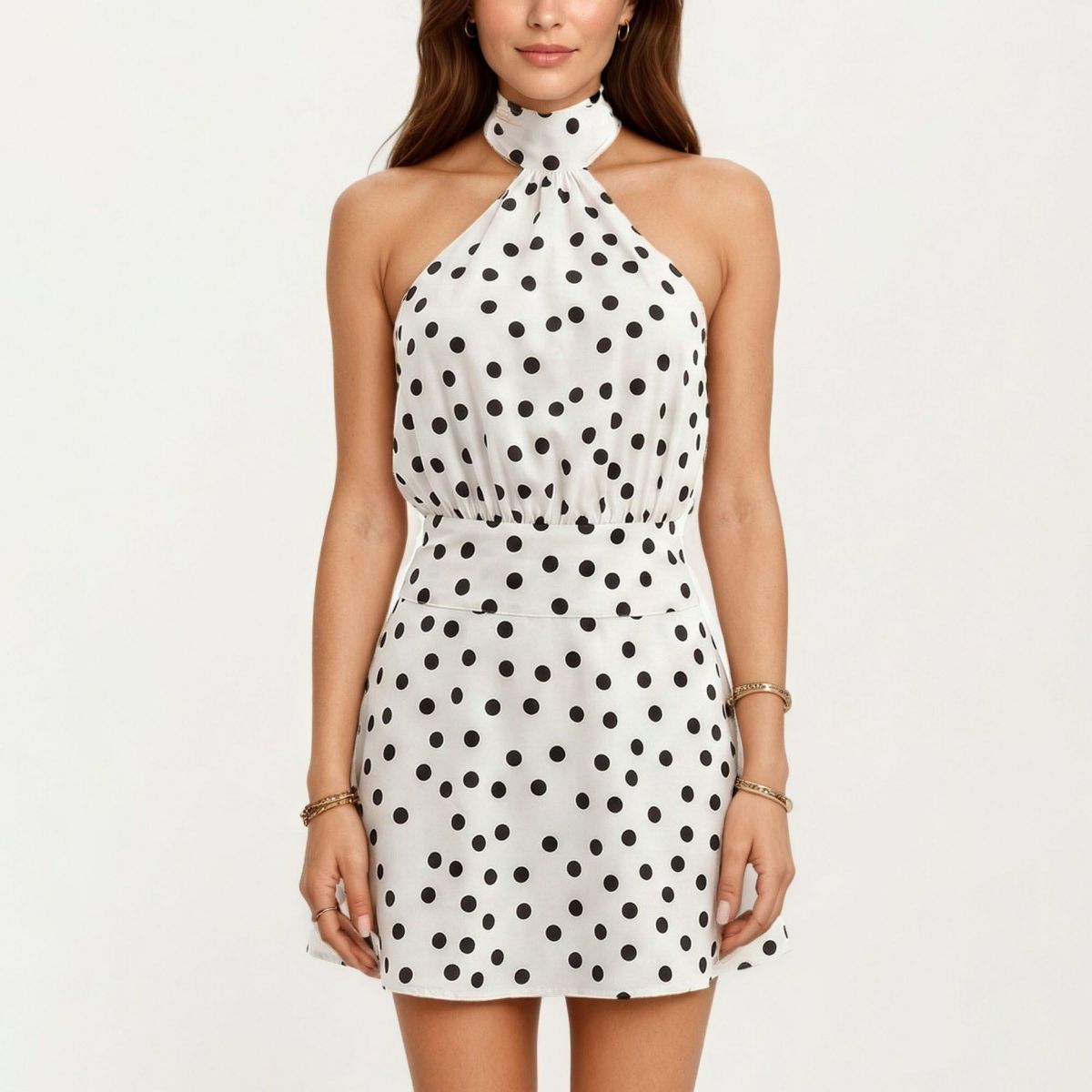 Anna-Kaci Women's Polka Dot Halter Mini Dress with High Neck Tie Detail Elastic Waist Fitted Silhouette
