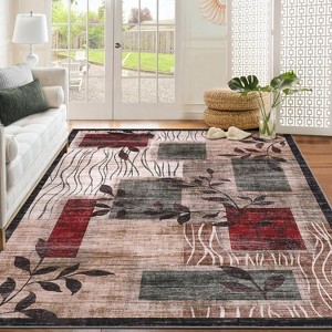 Acekool 5x7 Washable Area Rug, Soft Floral Checkered, Non-Slip, Low-Pile Modern Accent Carpet for Living Room, Bedroom, Dining Room, Blue - 1 of 4