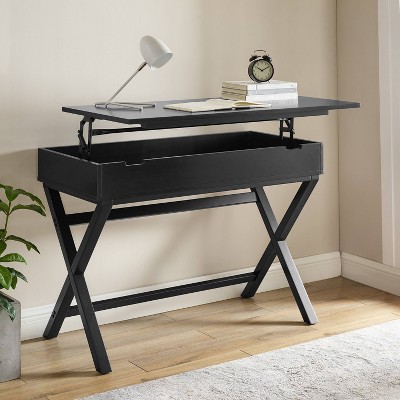 Black Wood Lift-Top Standing Desk with Drawer and Keyboard Tray