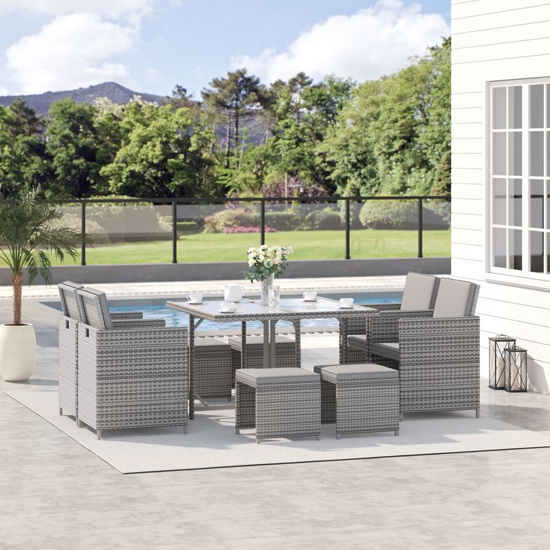 Outsunny 9 Pieces Patio Wicker Dining Sets, Space Saving Outdoor Sectional Conversation Set, with Dining Table and Chair & Cushioned for Lawn Garden Backyard, 3 of 7