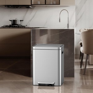 Gal Dual Compartment Trash Can - Stainless Steel w/ Soft-Close Lid, Removable Buckets - Hands-Free Kitchen/Office Bin - 1 of 4