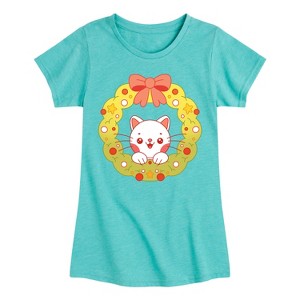 Girls' - Instant Message - Christmas Chibi Cat Wreath Fitted Short Sleeve Graphic T-Shirt - 1 of 4